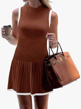 Sleeveless Brown Pleated Knit Dress with Mock Neck